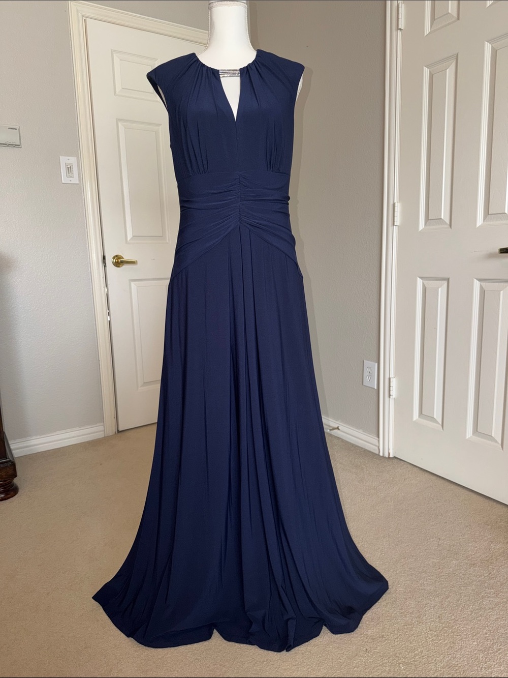 Vince Camuto Navy Cap-Sleeve Evening Gown with Gathered Waist